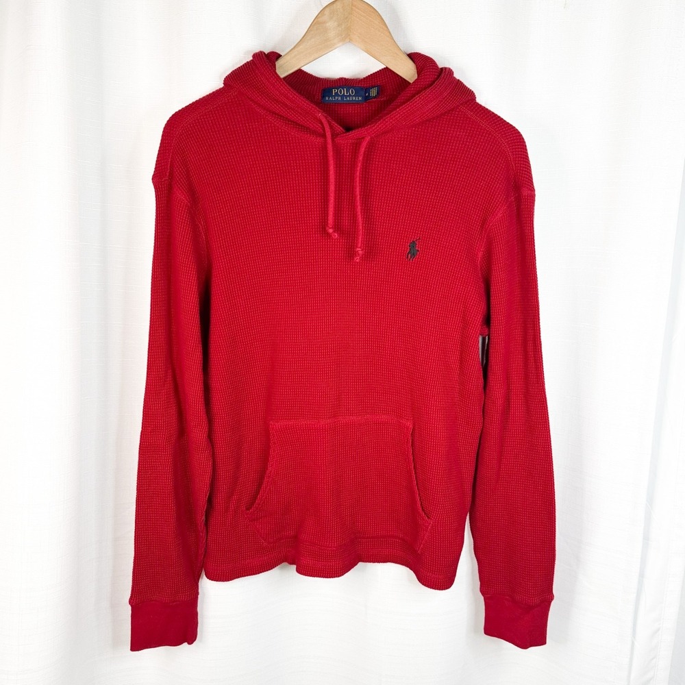 Polo Ralph Lauren Mens M Red Waffle Knit Thermal Hoodie Cotton Pony Pullover EUC